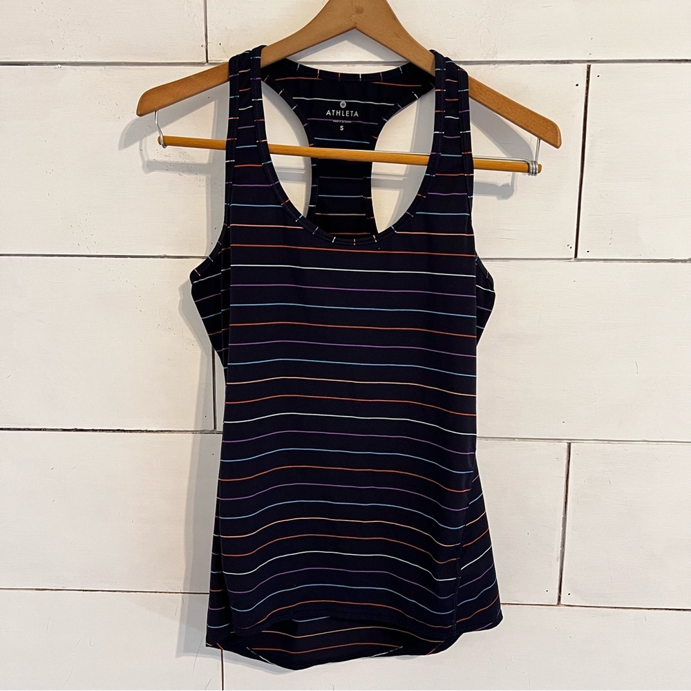 Athleta Navy Rainbow Pin Striped Racerback Tank Top. Size Small.
